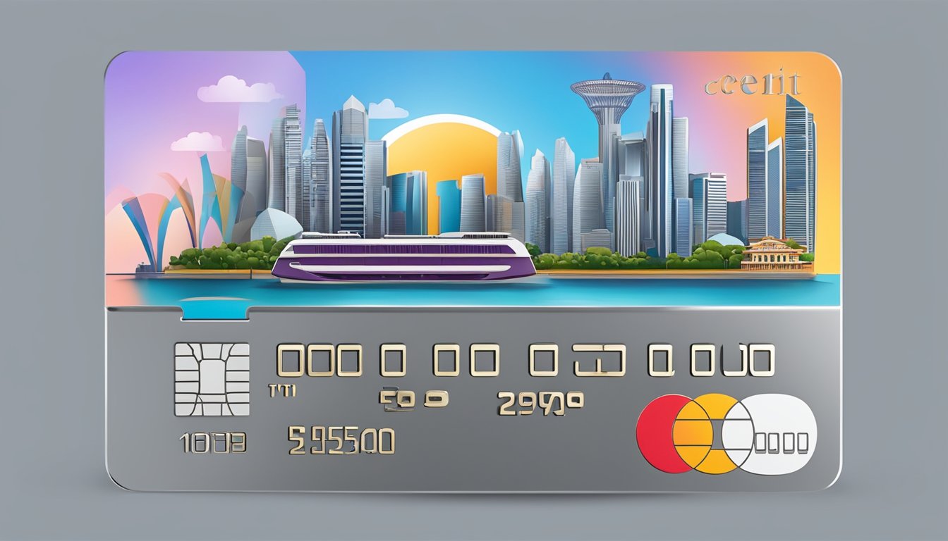 A metal credit card surrounded by iconic Singaporean landmarks and symbols, showcasing the city's modernity and luxury appeal