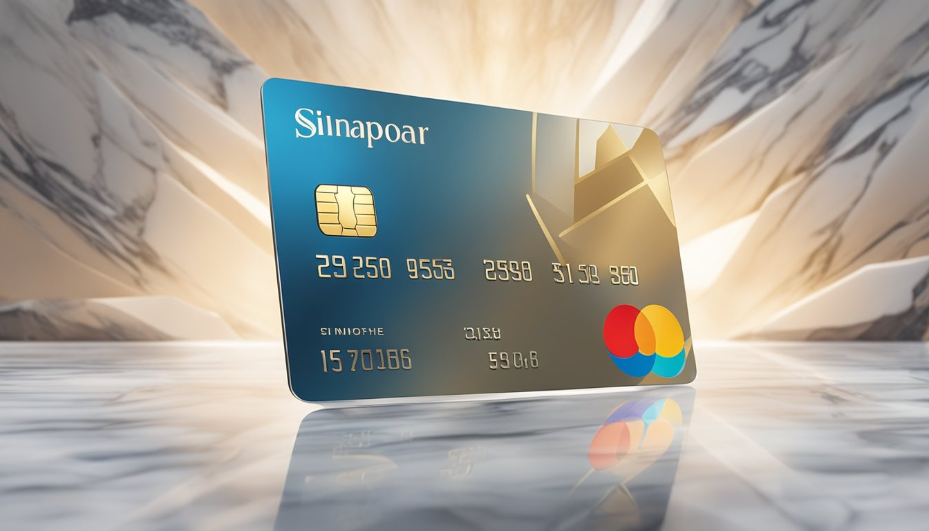 A gleaming metal credit card sits on a luxurious marble countertop, reflecting the soft glow of ambient lighting. Singaporean landmarks and symbols adorn the card, representing prestige and exclusivity
