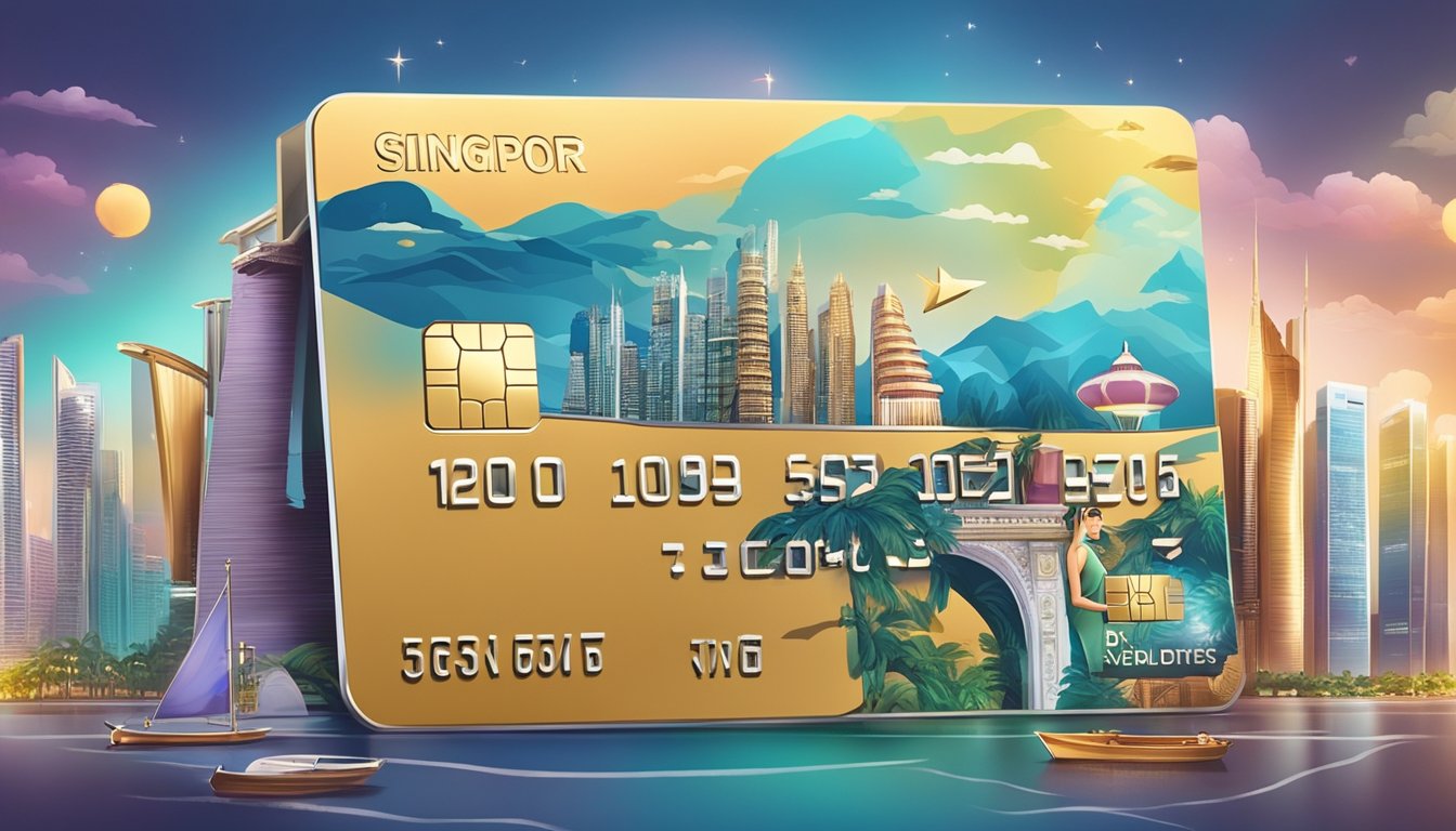 A metal credit card gleams in the spotlight, surrounded by images of luxury goods and travel destinations, symbolizing the allure of financial perks and rewards in Singapore