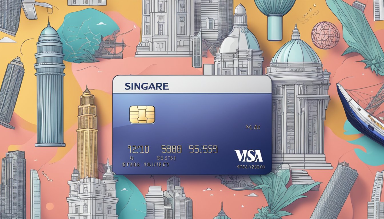 A sleek metal credit card surrounded by luxurious items, with a backdrop of iconic Singapore landmarks