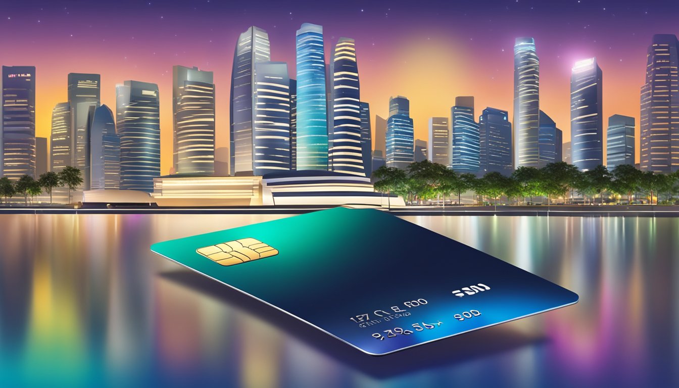 A metal credit card sits on a sleek, modern desk in a bustling Singapore cityscape. The card reflects the vibrant city lights, symbolizing status and luxury
