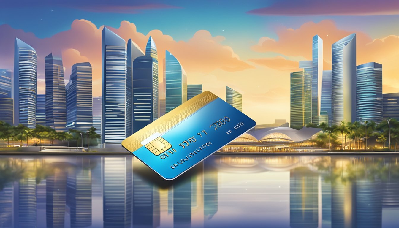 A metal credit card gleams under the Singaporean skyline, symbolizing prestige and exclusivity. The card stands out against a backdrop of modern architecture and bustling city life