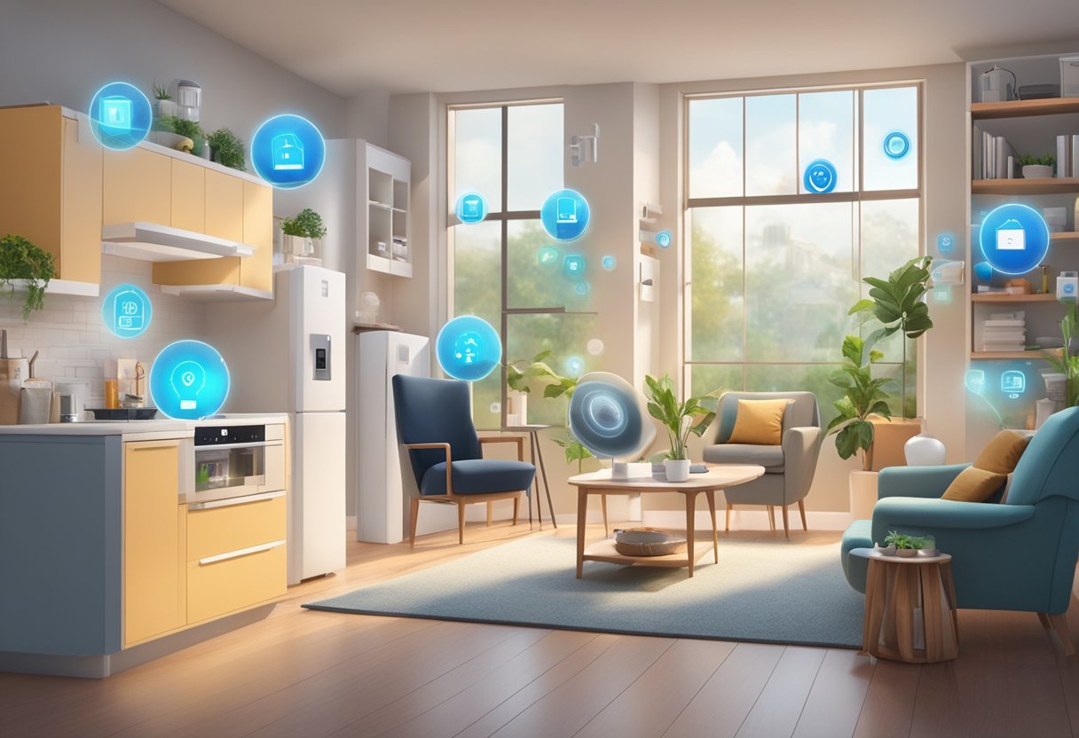 A smart home filled with IoT gadgets catering to the needs of elderly residents, such as automated medication dispensers, motion sensors, and health monitoring devices