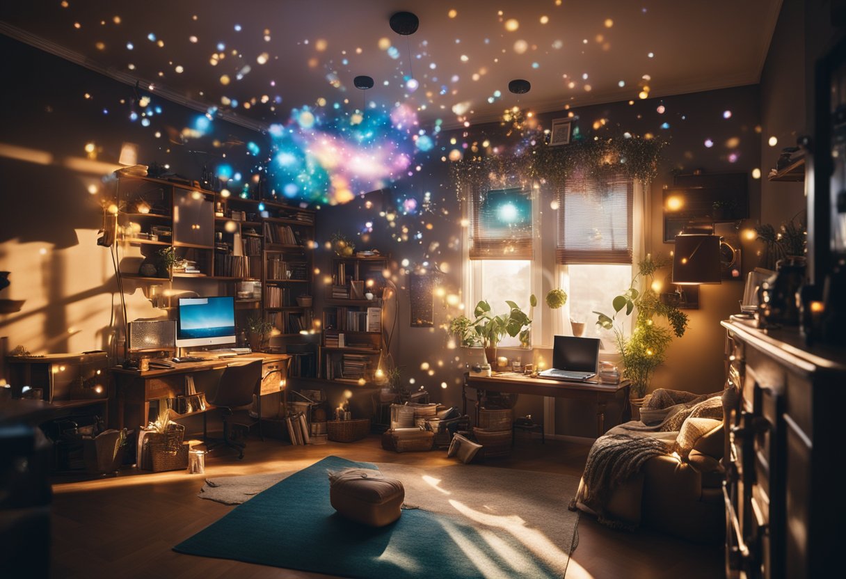 A cluttered room with various objects floating mid-air, surrounded by a glowing aura, as if they were being manipulated by an unseen force