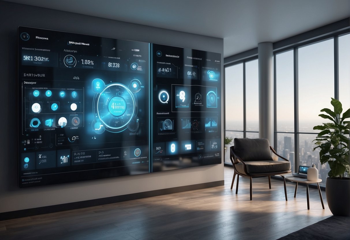 A sleek IoT smart mirror displays health data, surrounded by various sensors and connected devices