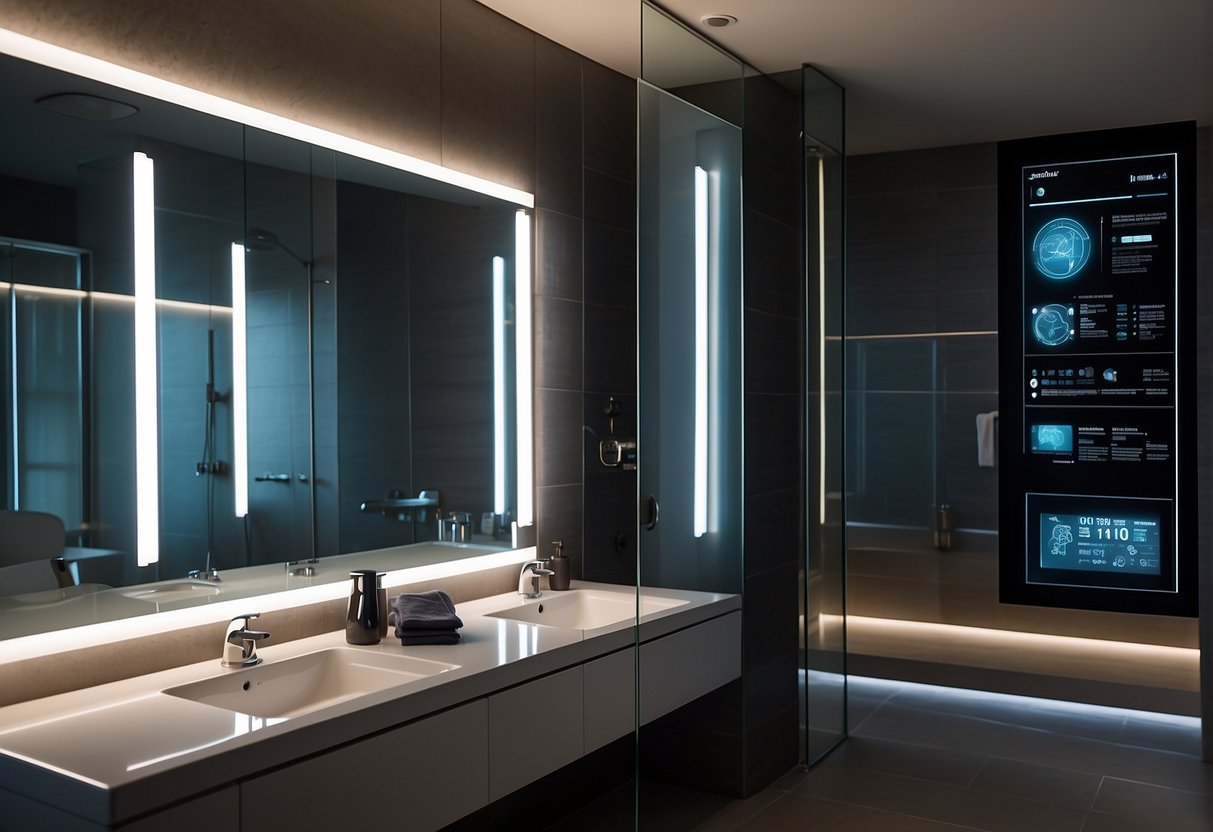 A sleek IoT smart mirror displays health data and biometrics in a modern bathroom setting