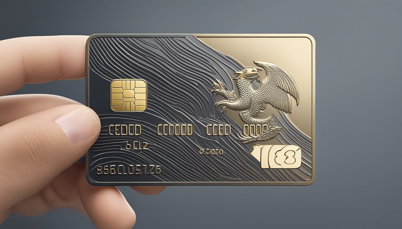 A metal credit card gleams in a Singaporean's hand, showcasing its sleek design and weighty feel. The card features intricate engravings and a bold, modern logo, exuding luxury and prestige