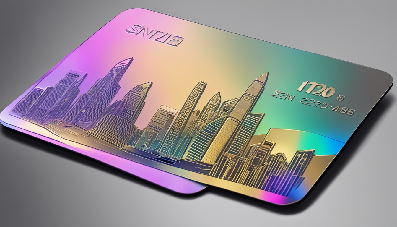 A sleek metal card resting on a luxurious surface, with the Singapore skyline in the background, showcasing the benefits of metal cards