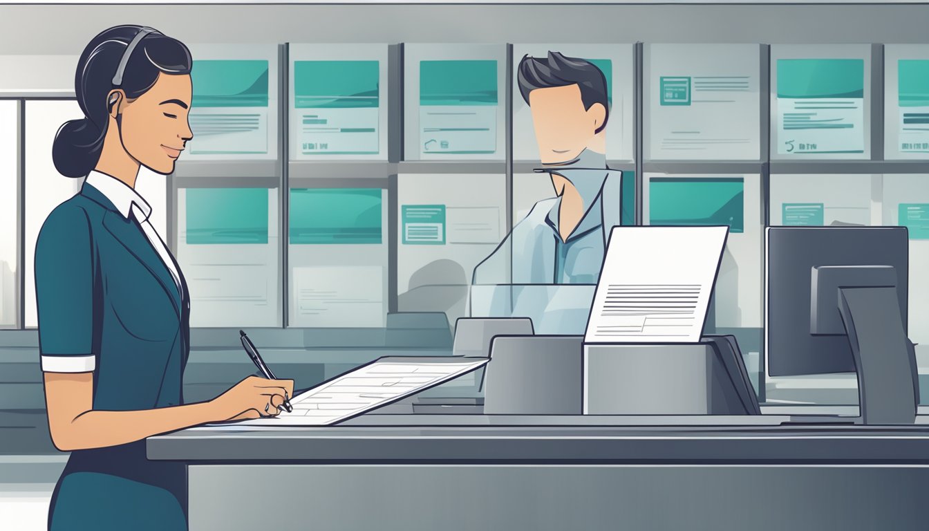 A hand holding a metal card application form with a pen ready to fill in personal details. A sleek and modern bank branch interior with a customer service representative assisting in the background