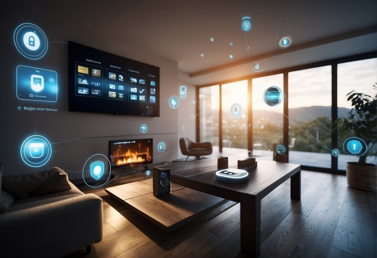 Smart home devices connected and secured with advanced IoT security measures. Locks, cameras, and sensors integrated seamlessly to protect against potential threats