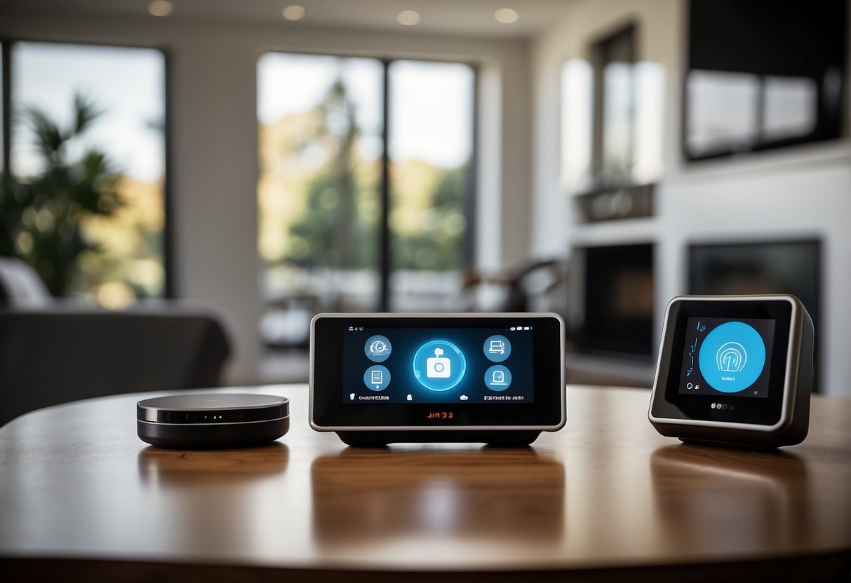 A smart home device surrounded by various security measures, such as firewalls and encryption, to address IoT security challenges