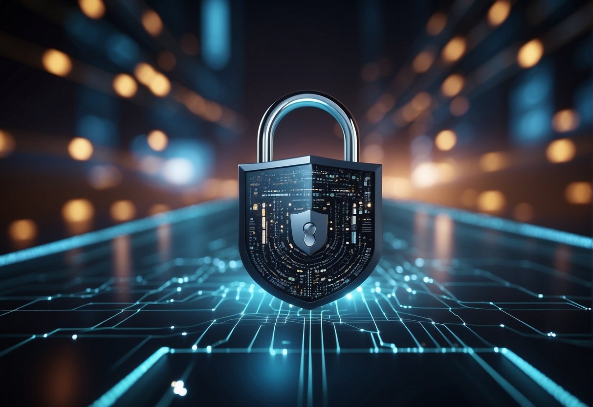 A network of interconnected devices with security features, shields, and locks, ensuring protection for businesses and consumers in the IoT landscape