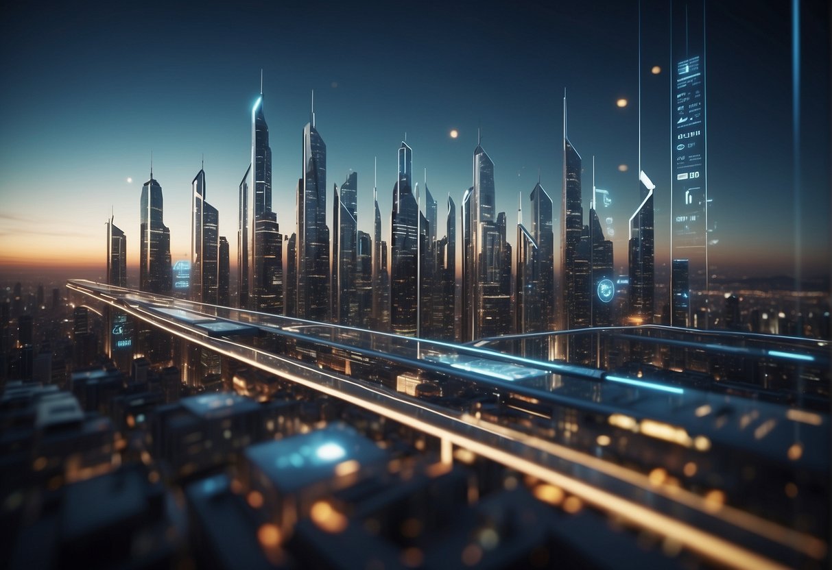 A futuristic city skyline with interconnected devices and security measures