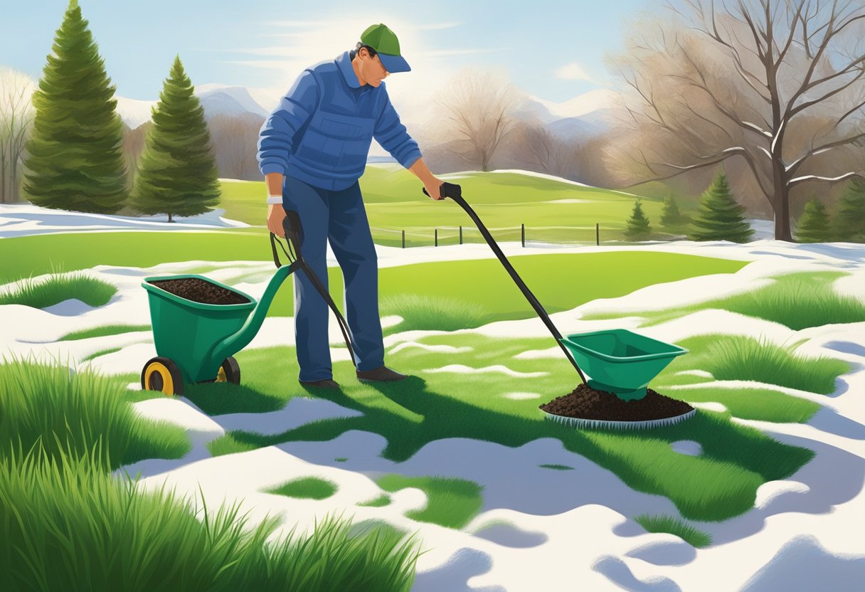 A lush, green lawn emerges from the thawing snow, as the sun warms the earth. Fresh grass shoots up, while a gardener tends to the soil, applying fertilizer and watering the newly revived lawn