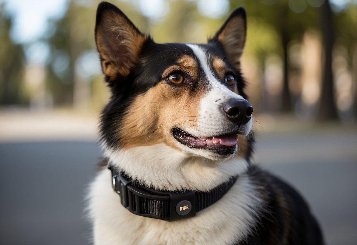 A dog wearing a smart collar with a GPS tracker, heart rate monitor, and temperature sensor. A cat wearing a smart tag with a microchip and activity tracker