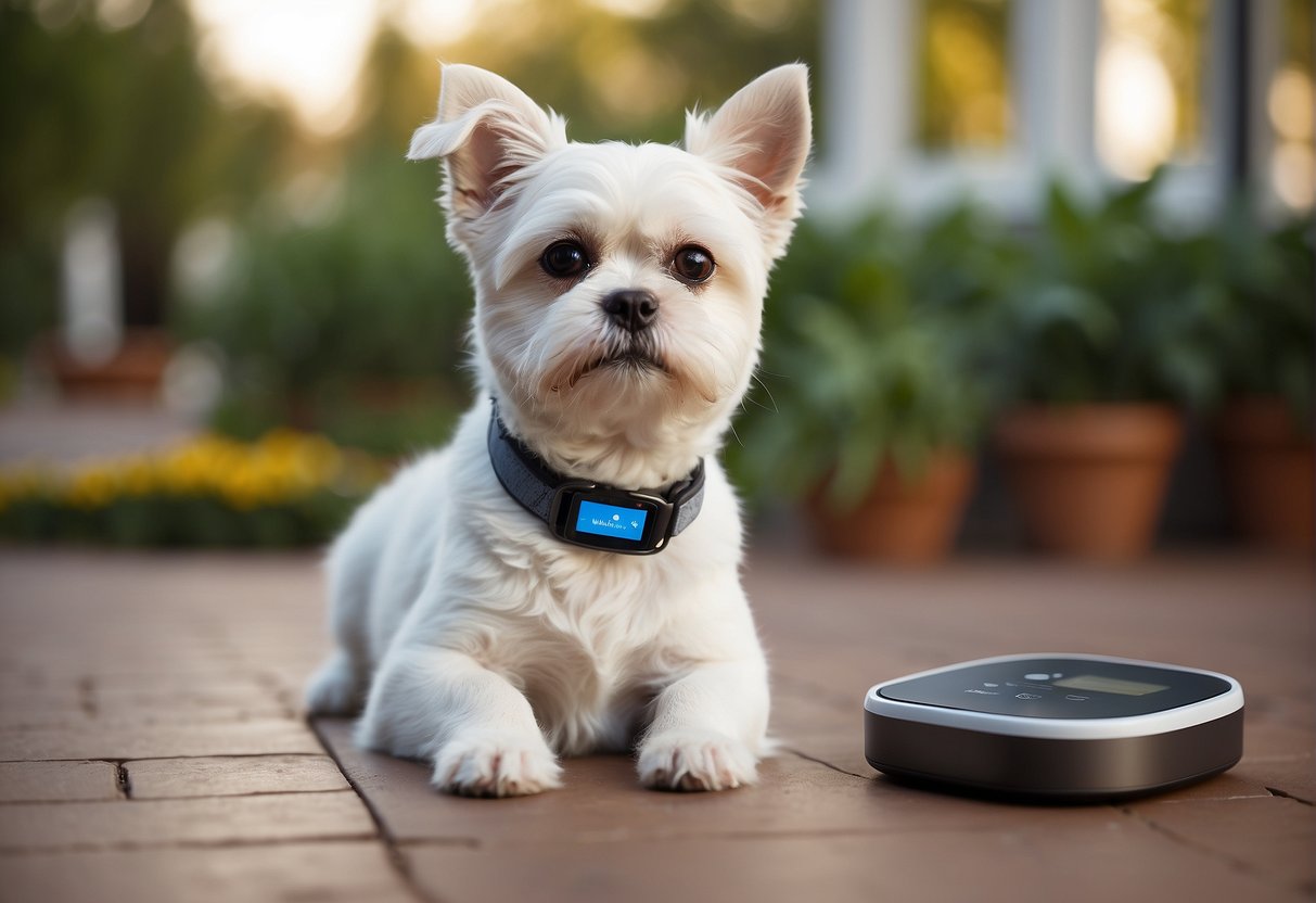 A pet wearing a smart wearable device, with a GPS tracker and health monitor, sitting next to a food and water bowl