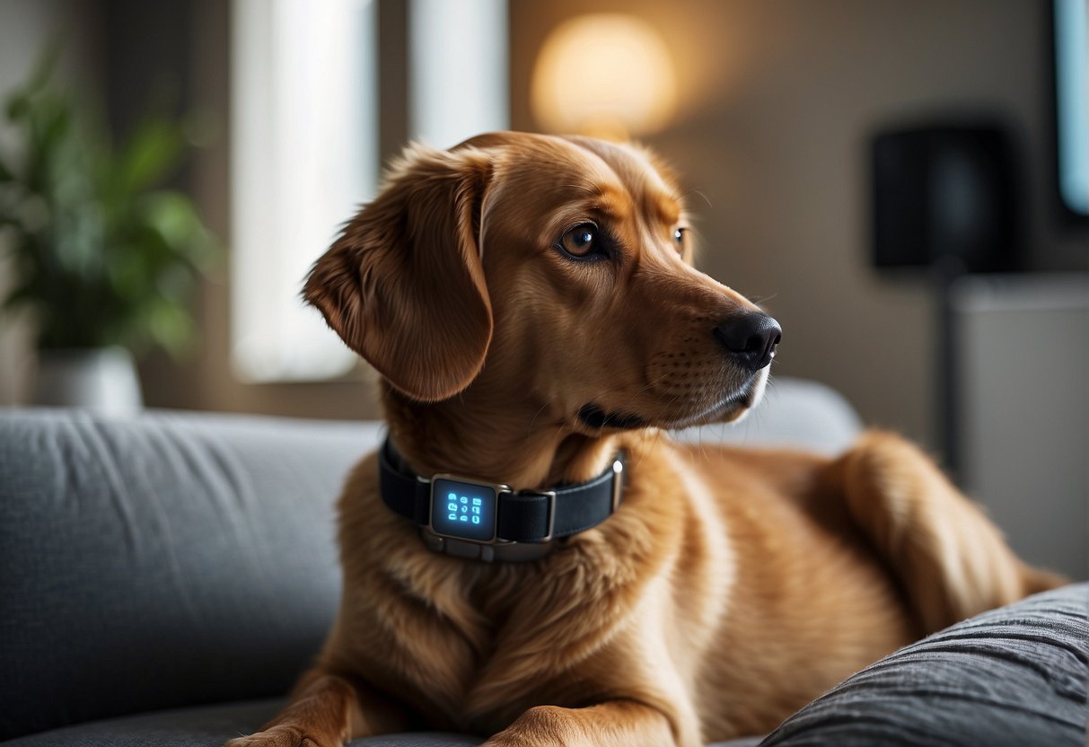 A smart collar on a pet, connecting to a smart home system. The pet is shown in a cozy and safe environment, with technology seamlessly integrated into their daily life