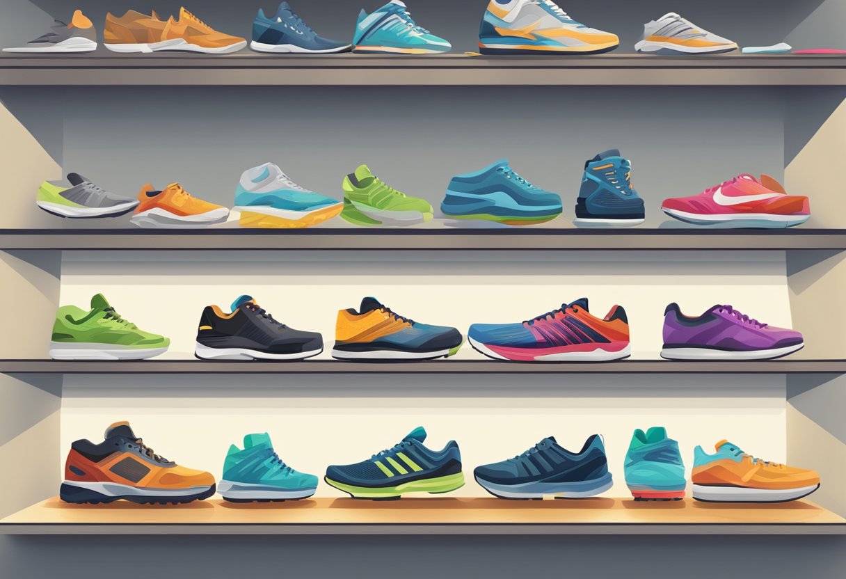A variety of shoes, each with different levels of support and cushioning, arranged on a display shelf