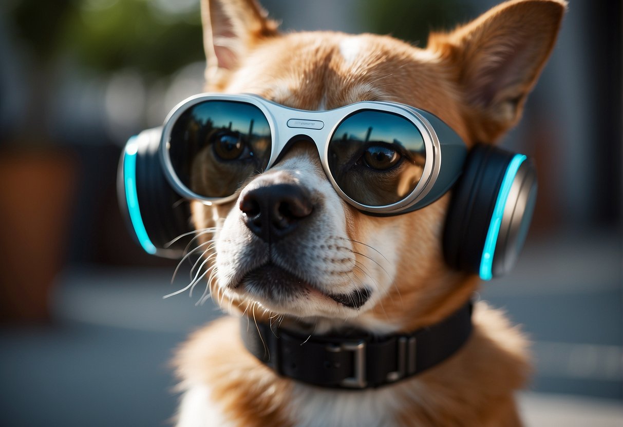 Pets wearing futuristic smart wearables in a high-tech environment with IoT devices monitoring their health and safety