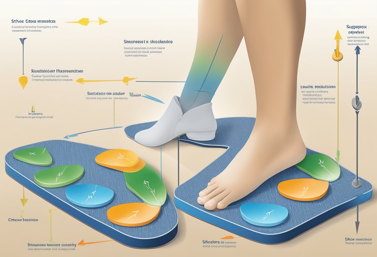 A foot stepping on a variety of shoe insoles, with arrows pointing to different areas to indicate support and cushioning levels