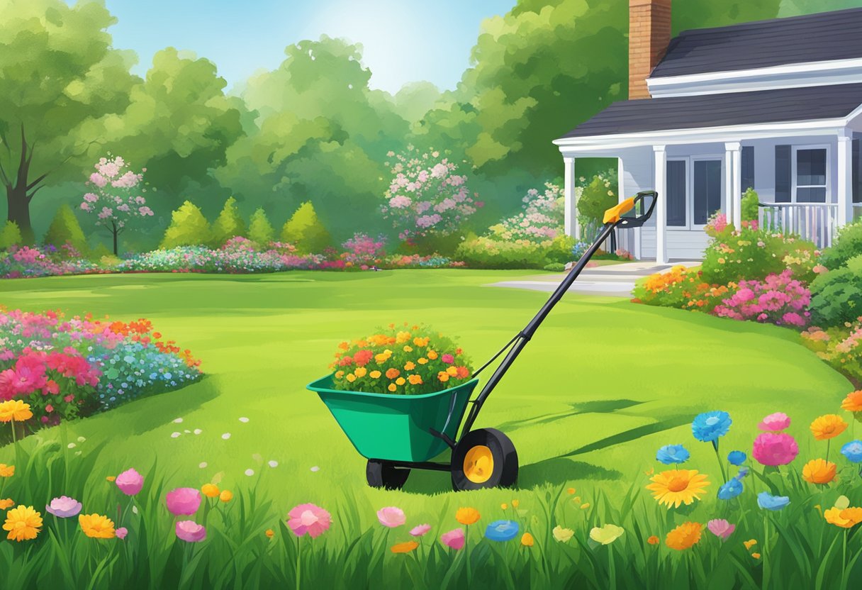 A sunny day in Austintown, with green grass and blooming flowers. A person spreads fertilizer on the lawn, surrounded by colorful garden tools