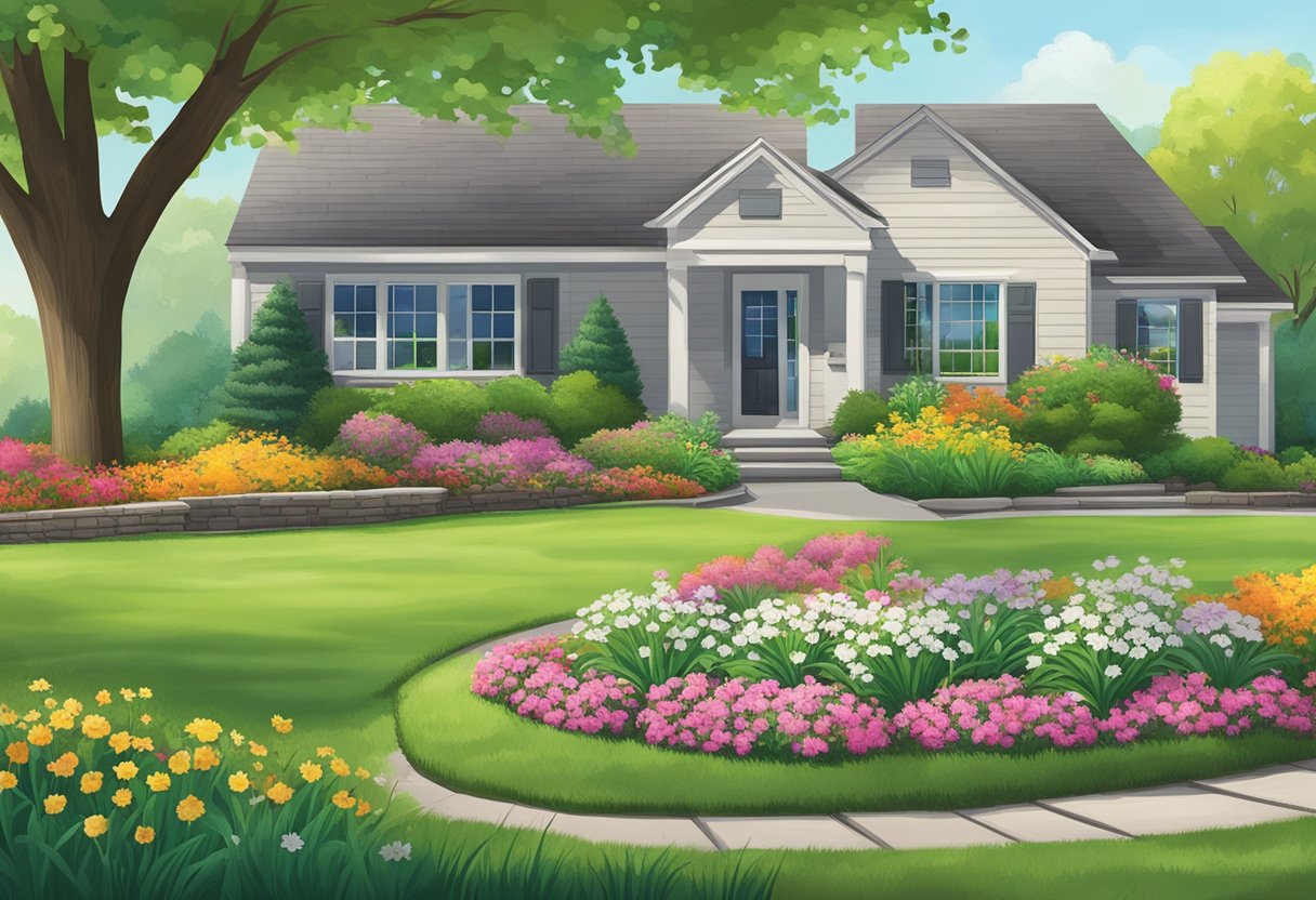 A sunny day in Austintown, with green grass and blooming flowers. A bag of spring fertilizer sits next to a well-maintained lawn