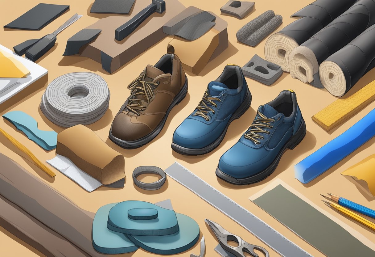 A stack of durable shoe materials like leather, rubber, and foam, arranged on a workbench with tools and sketches