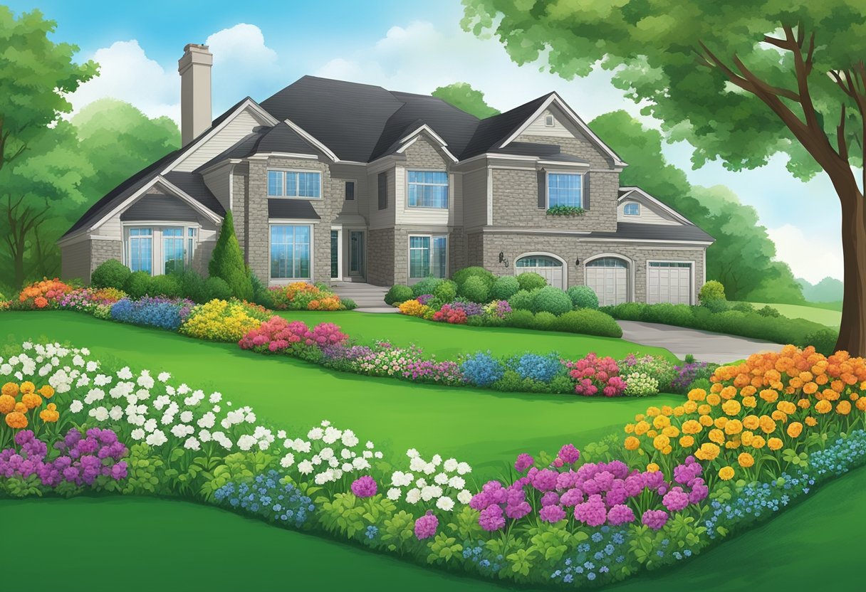 A lush green lawn with vibrant flowers and healthy grass, free of weeds and pests, being fertilized in the springtime in Austintown