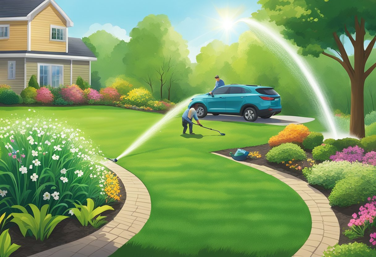 A person waters the lawn while another person applies spring fertilizer in Austintown. The sunlight shines down on the vibrant green grass, showcasing the synergy between watering and fertilizing for optimal lawn care
