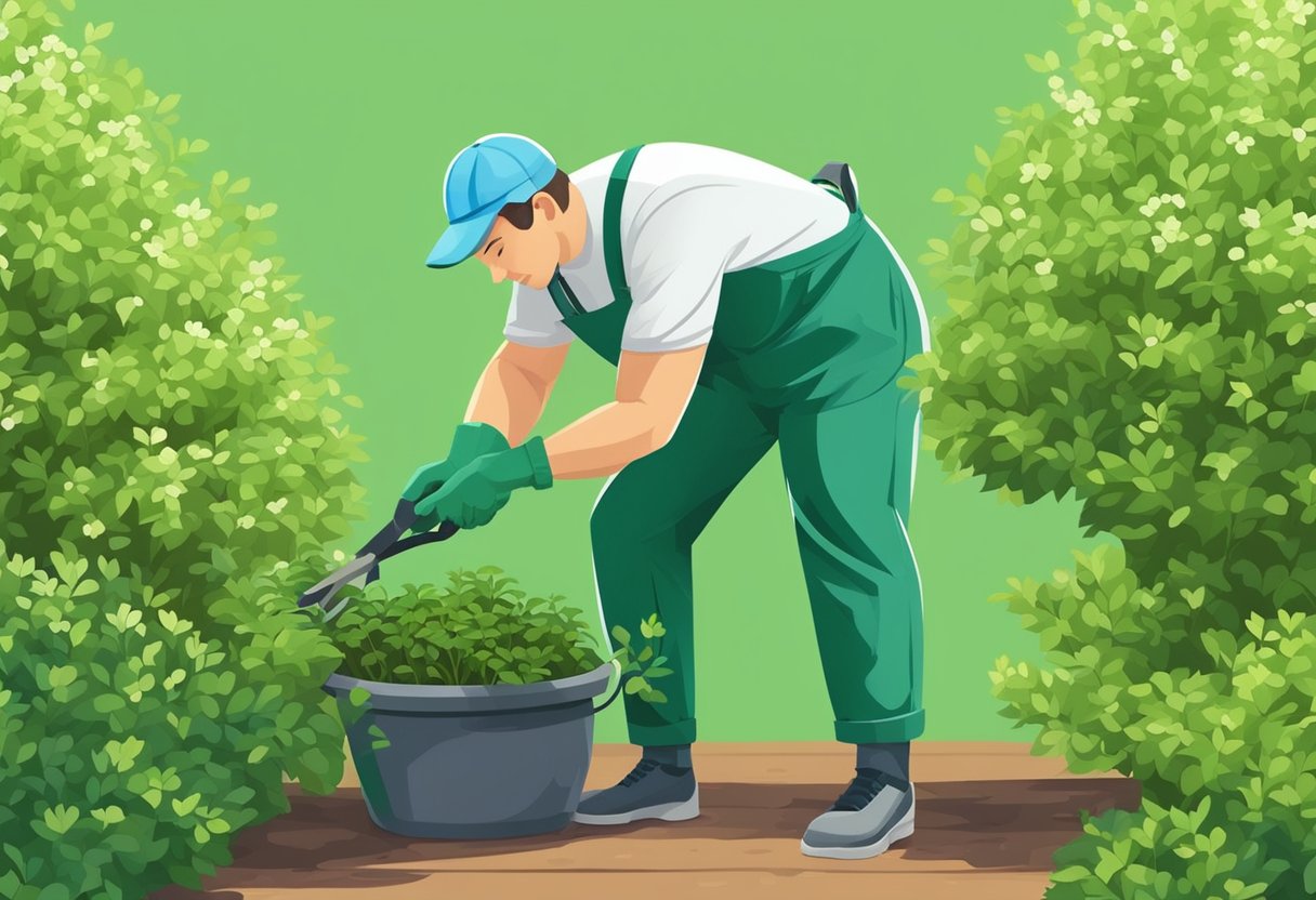 Lush green foliage surrounds a gardener trimming shrubs and trees in a sunny spring garden. The gardener carefully prunes branches, promoting healthy growth