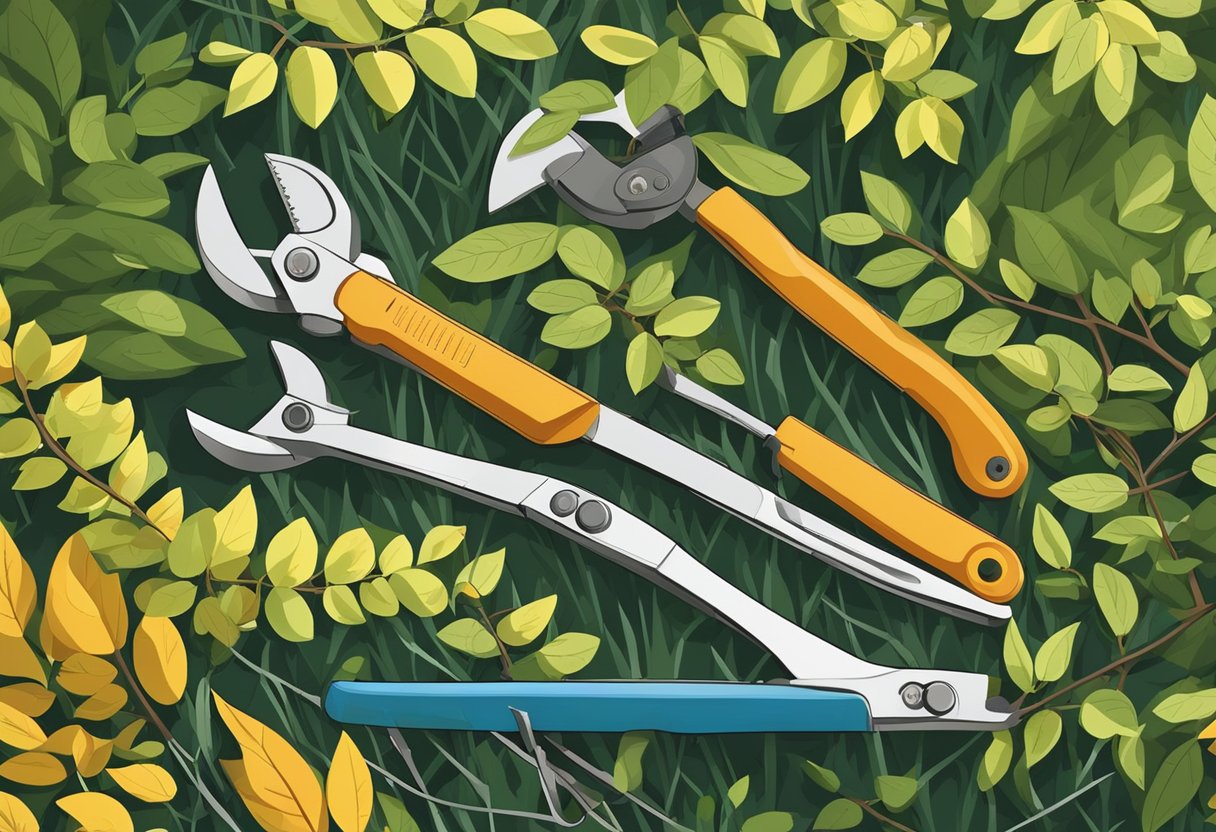 A pair of pruning shears cutting through overgrown shrubs and trees in a sunny garden. Fallen branches and leaves litter the ground
