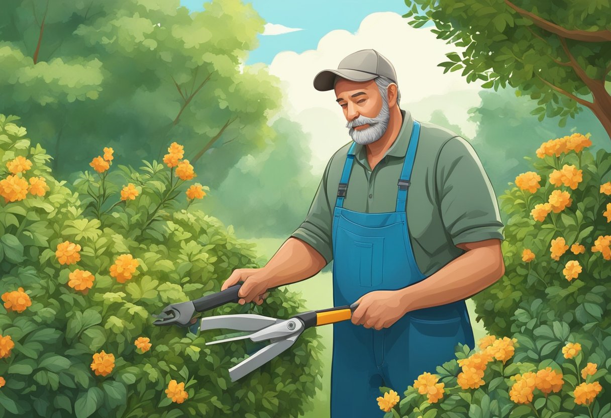 A gardener carefully trims back overgrown branches on a variety of shrubs and trees, using precise timing and techniques to promote healthy growth