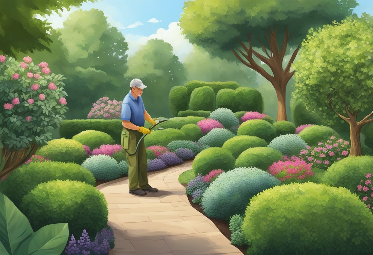 A gardener expertly prunes a variety of shrubs and trees in a lush garden setting, using precise timing and techniques for healthy growth