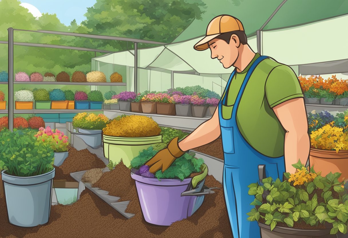 A gardener choosing mulch from a variety of options, with colorful bags and natural materials displayed in a garden center