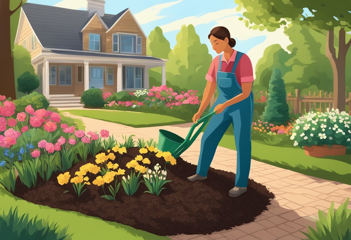 A gardener spreads mulch around the base of blooming flowers and budding plants in a vibrant spring garden. The sun shines down, highlighting the rich, earthy tones of the mulch and the lush greenery of the garden