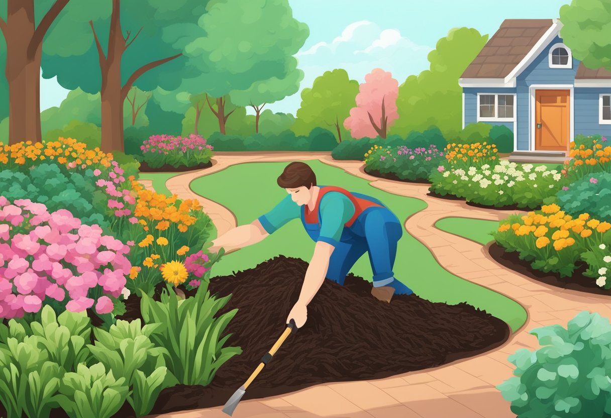 A gardener spreads fresh mulch around blooming flowers and vegetables in a vibrant spring garden. The mulch helps retain moisture and suppress weeds, creating a healthy and beautiful landscape