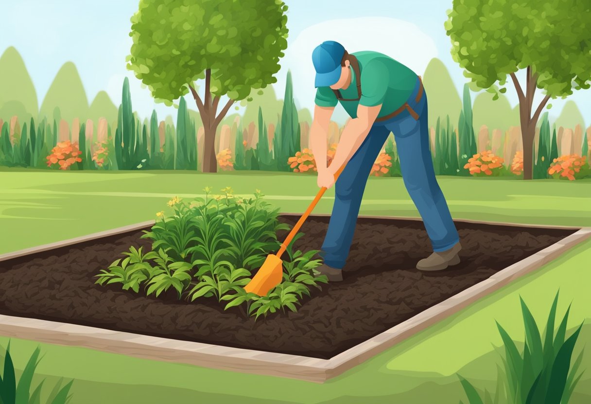 A gardener spreads mulch around plants, preventing weeds and retaining moisture. The mulch is carefully chosen and applied for a healthy spring garden