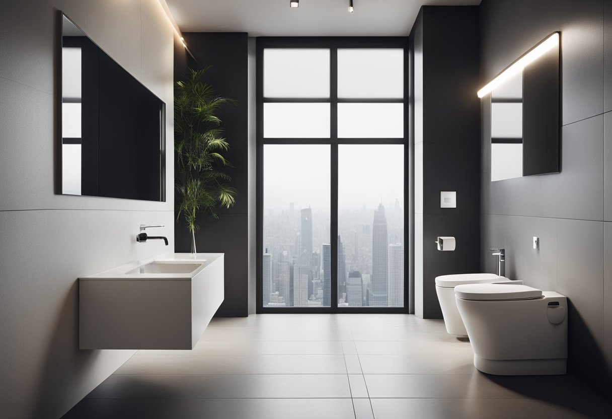 A modern toilet with sleek lines and a floating design, surrounded by minimalist decor and soft lighting