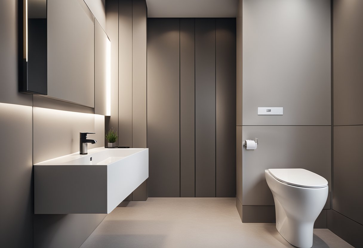 A clean, modern toilet with sleek lines and a minimalist design. The toilet is set against a neutral background with soft lighting to highlight its features