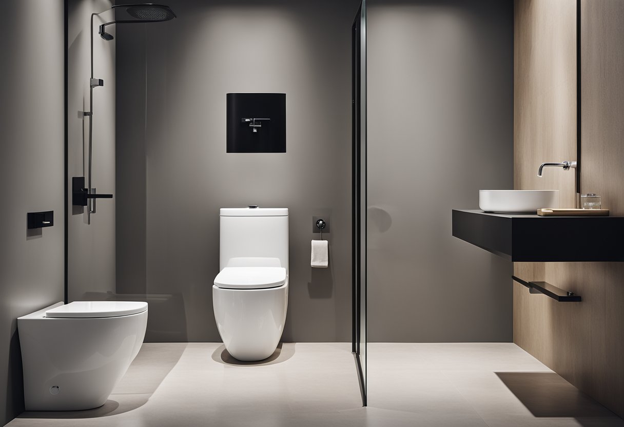 A sleek, minimalist toilet with clean lines, a wall-mounted toilet bowl, a floating vanity, and a frameless glass shower enclosure