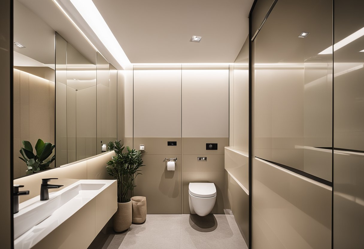 A modern HDB toilet with sleek fixtures and neutral colors
