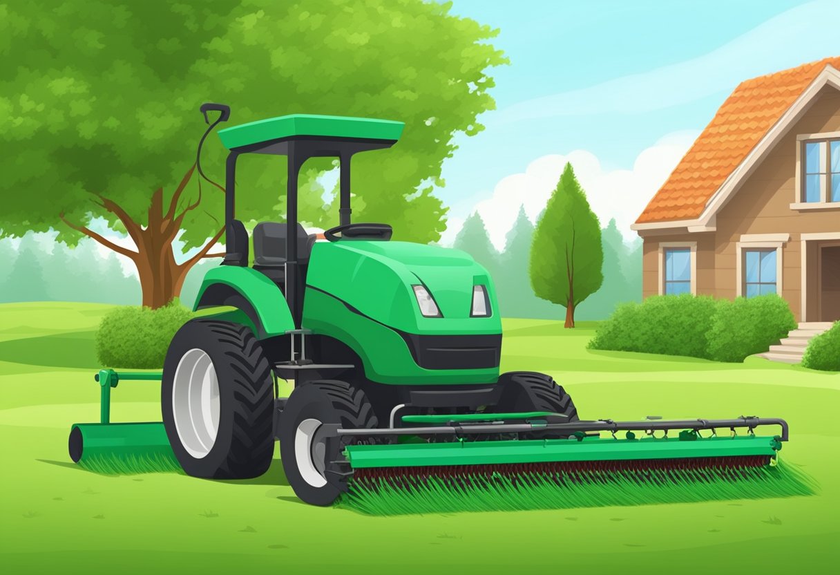 Aeration machine punctures lawn. Seeder spreads grass seeds. Green grass grows