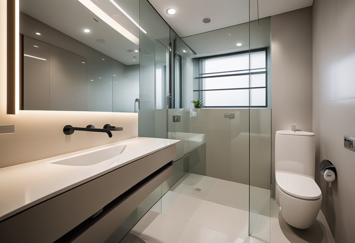 A spacious HDB toilet with modern fixtures, clean lines, and ample natural light. The design emphasizes functionality and comfort, with a sleek and minimalist aesthetic