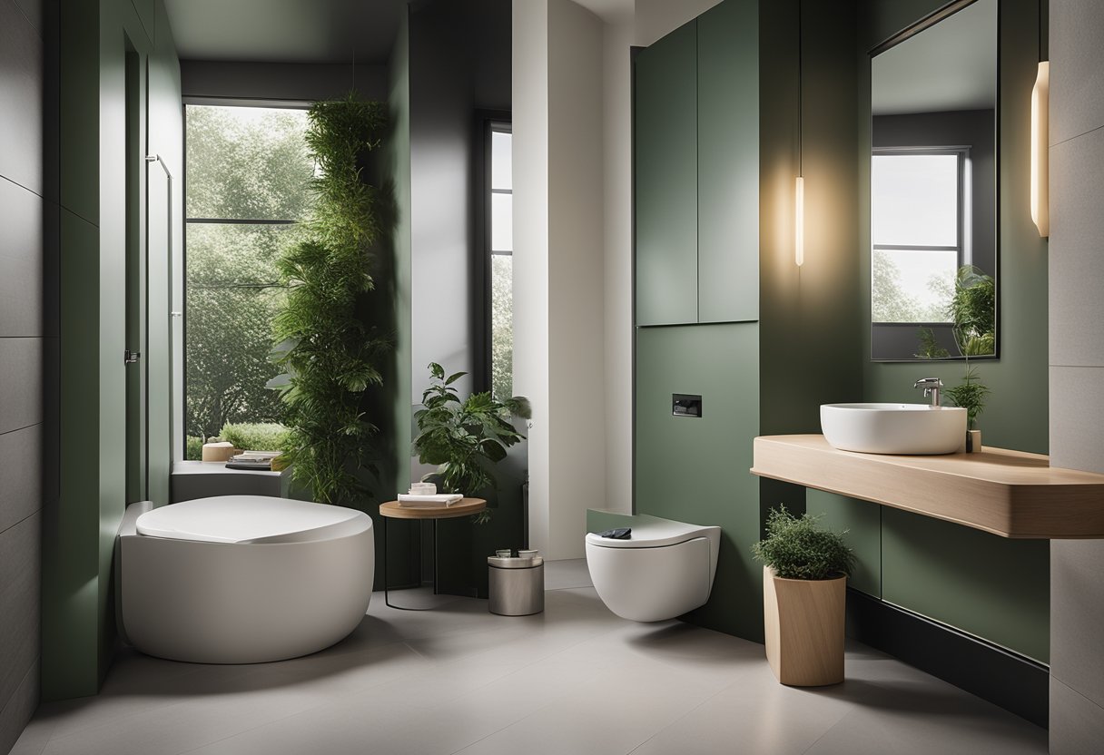 A sleek, minimalist toilet with clean lines, a floating vanity, and a large mirror. The color scheme is neutral with pops of greenery, and the lighting is soft and ambient