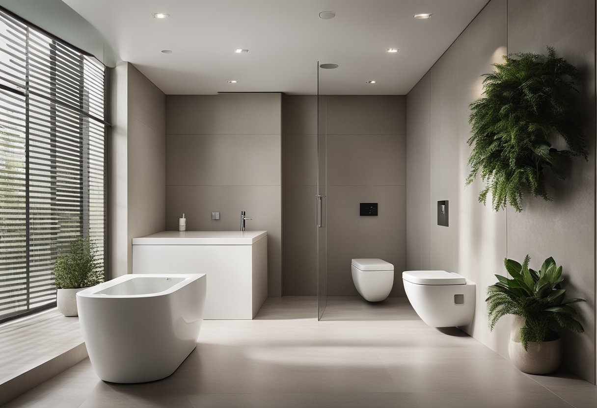 A sleek, minimalist toilet with clean lines and a neutral color palette. The space features modern fixtures, ample natural light, and a touch of greenery for a fresh, contemporary feel