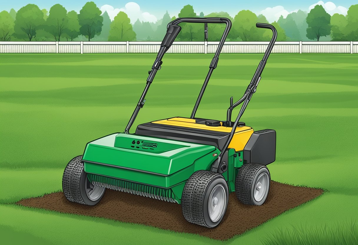 A lawn aerator machine punctures the soil, allowing air, water, and nutrients to reach the grass roots. A spreader disperses overseed, promoting healthy, lush growth
