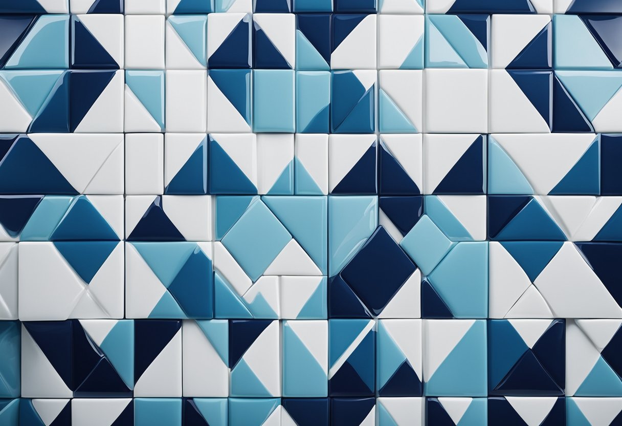 The toilet tiles feature a geometric pattern in shades of blue and white, creating a modern and clean design