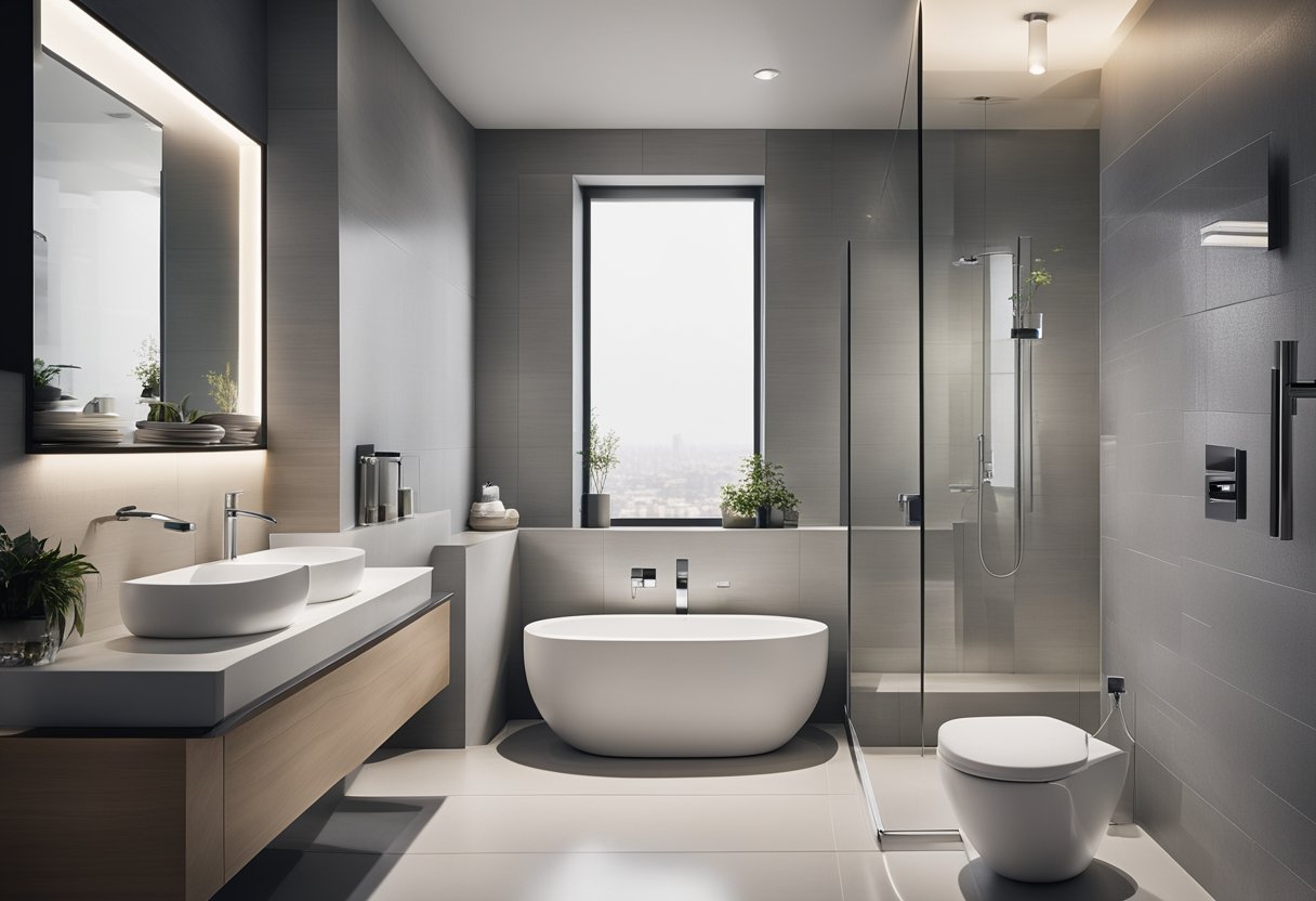 A sleek, modern toilet with clean lines and a minimalist color palette. The fixtures are polished chrome, and the lighting is soft and flattering