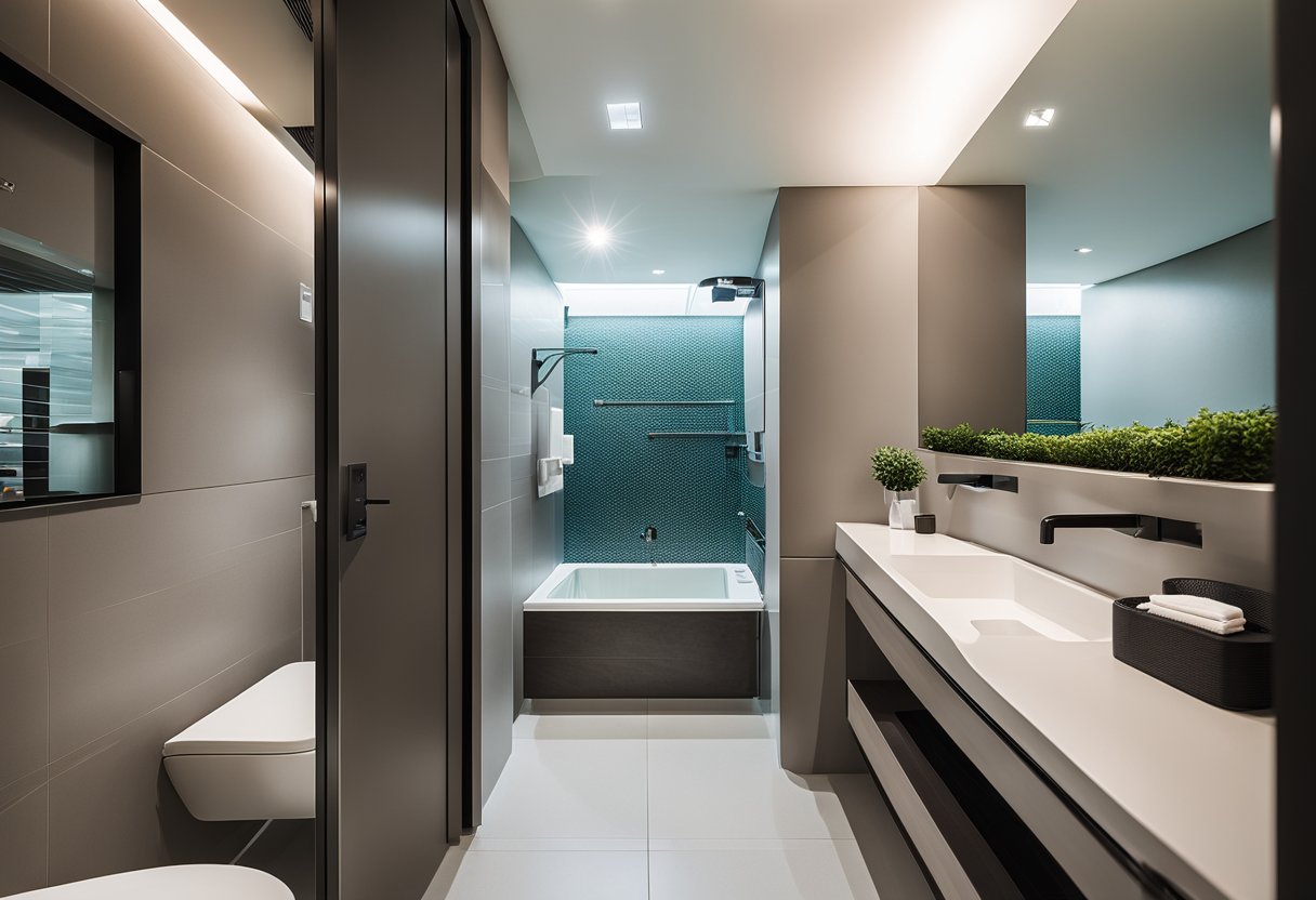 A modern HDB toilet with sleek fixtures and ample storage space