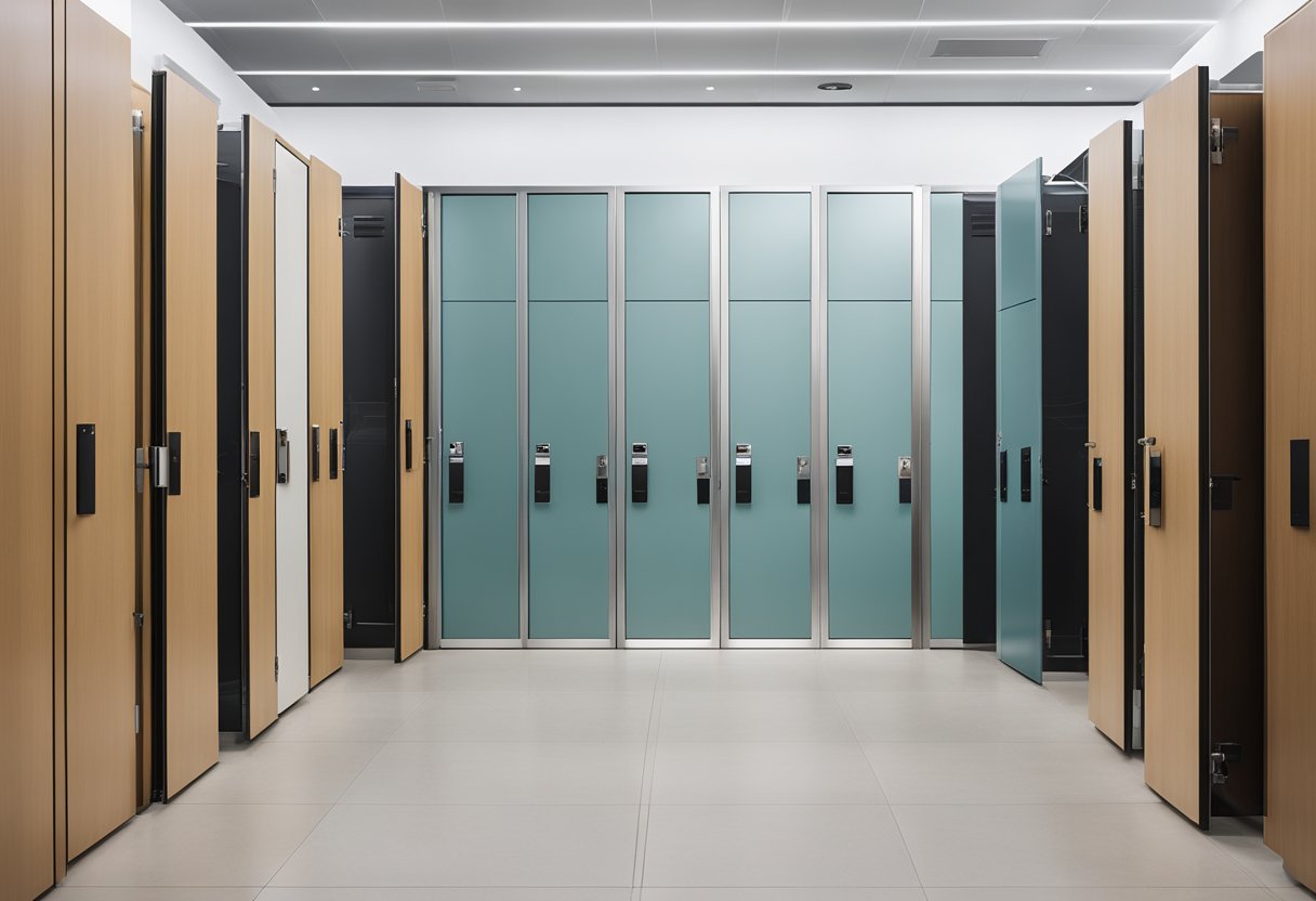 A row of various toilet doors, including sliding, hinged, and folding designs, with different materials and finishes